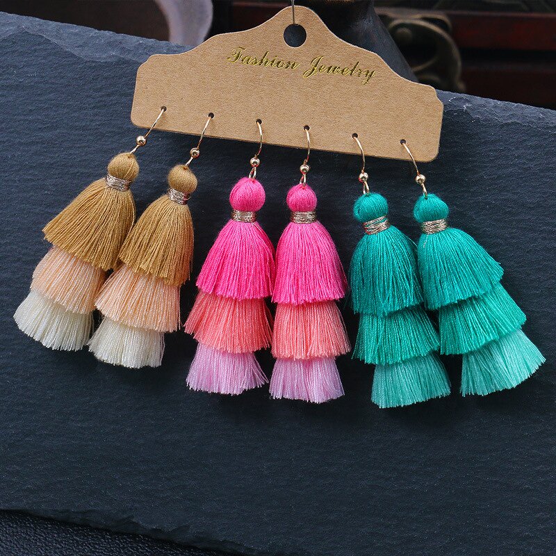 Boho Earring Set for Women - Manufacturer with Colorful Cotton Thread Long Tassel