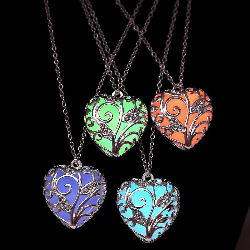 Heart Shape Pendant Necklace - Manufacturer with Silver Plated Hollow Out & Glowing in the Dark for Women