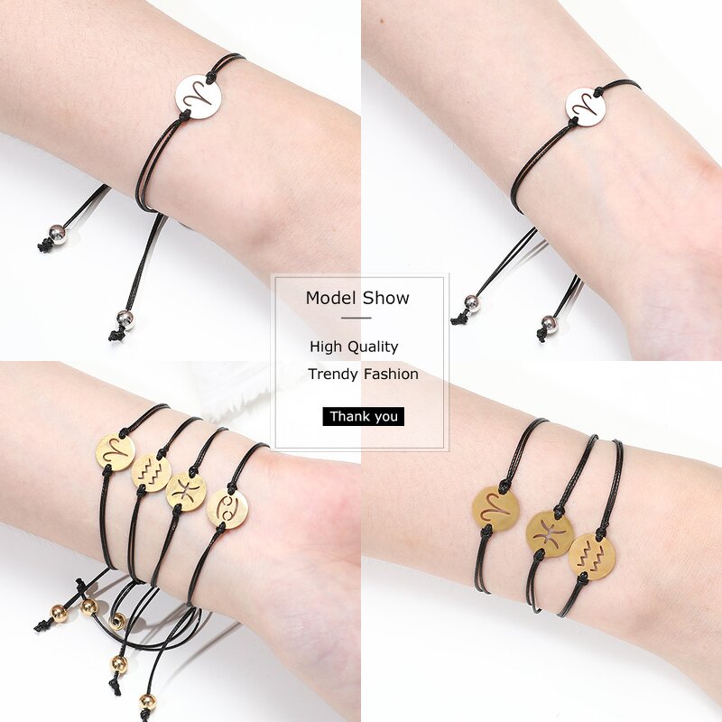 Zodiac Sign Bracelet - Manufacturer with Adjustable Silk String Cord Knot & Silver 18K Gold Plated for Women