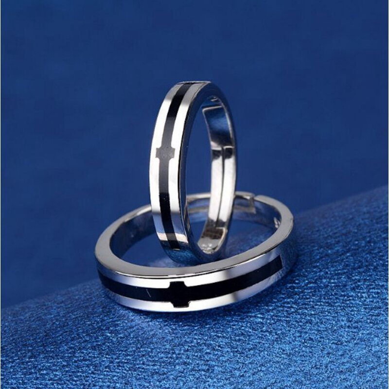 Couple Rings - Manufacturer with 925 Silver Plated Black Cross Adjustable for Valentine's Day Gift