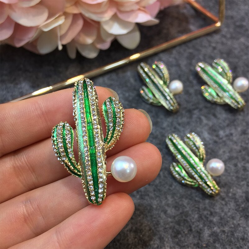 Cactus Brooch Pins for Women - Manufacturer with Fashion Gold Plated Crystal Zircon Peal Enamel