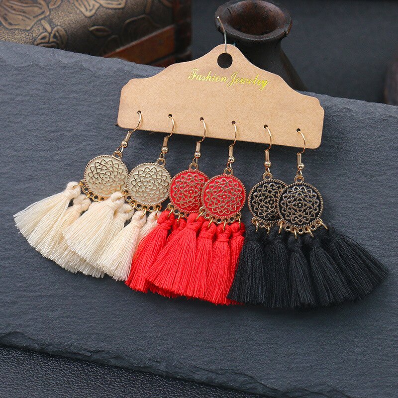 Boho Earring Set for Women - Manufacturer with Colorful Cotton Thread Long Tassel