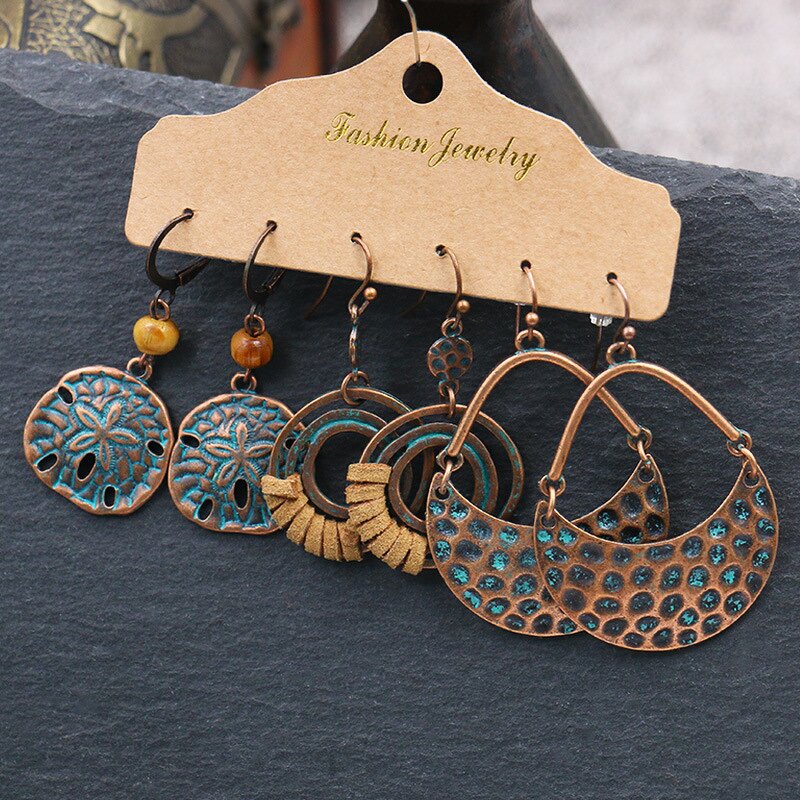 Boho Earring Set for Women - Manufacturer with 3 Pair/Card Vintage Bohemia Antique Bronze Plated Heart Hoop Tassel