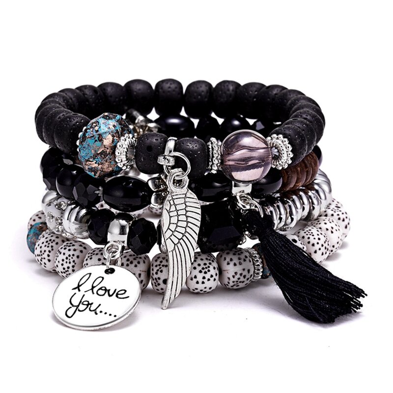 Boho Bracelet Set for Women - Manufacturer with Charm Tassel Wings Pendant & Resin Bodhi Beads