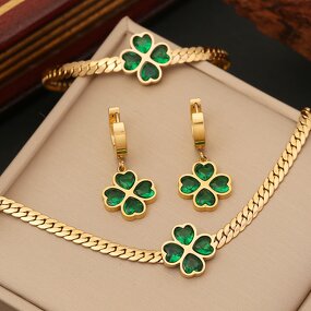 Four Leaf Clover Jewelry Set for Women - Manufacturer with Non Tarnish 18K Gold Plated Stainless Steel & Emerald