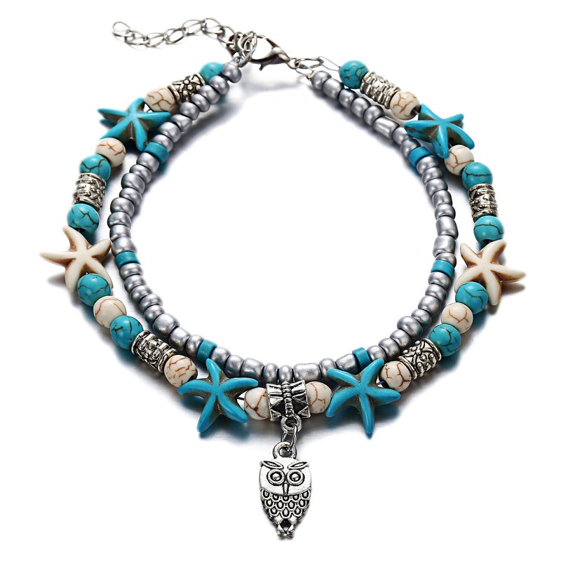 Beach Anklet Bracelet for Women - Manufacturer with Vintage Heart Elephant Owl Starfish Turtle Pendant & Turquoise Beads