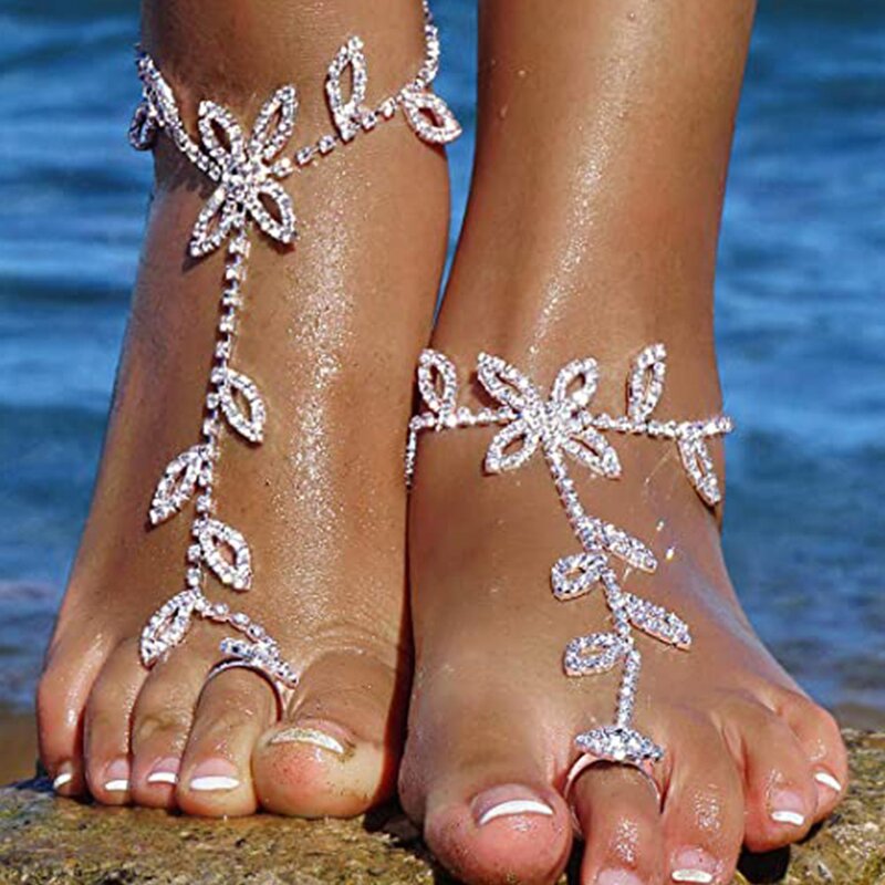 Leaf Shape Anklet for Women - Manufacturer with Silver 18K Gold Plated Bling Full Crystal Diamond Zircon