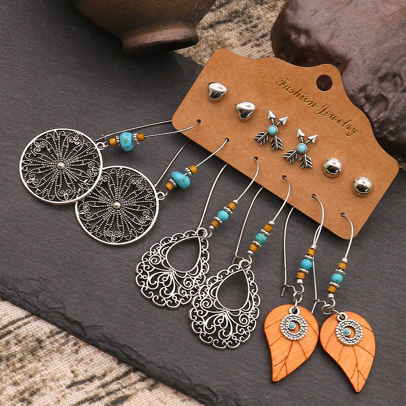Boho Earring Set for Women Ladies - Manufacturer with 6pair/card Vintage Bohemian Geometric Turquoise Heart Crystal
