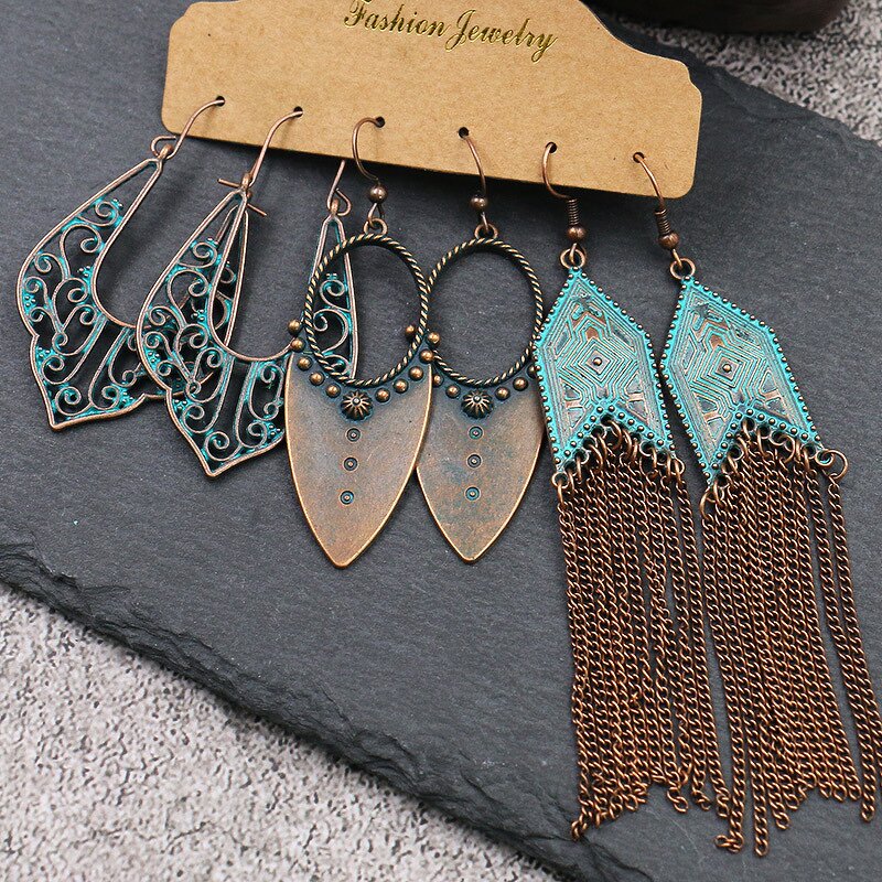 Boho Earring Set for Women - Manufacturer with 3pair/card Ethnic Style Retro Gold Bronze Plated Patina Water Drop