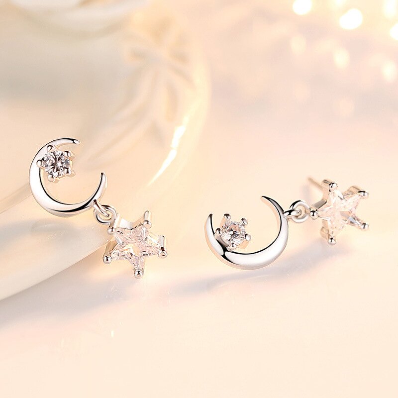 Stud Earring for Women - Manufacturer with 925 Silver Plated AAA Cubic Zircon Moon Star Shape