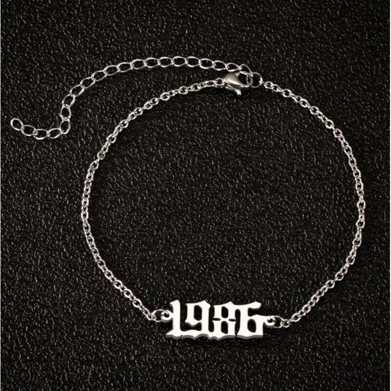 Birth Year Number Anklet for Women - Manufacturer with 18K Gold Silver Plated Stainless Steel Old English 1980-2000