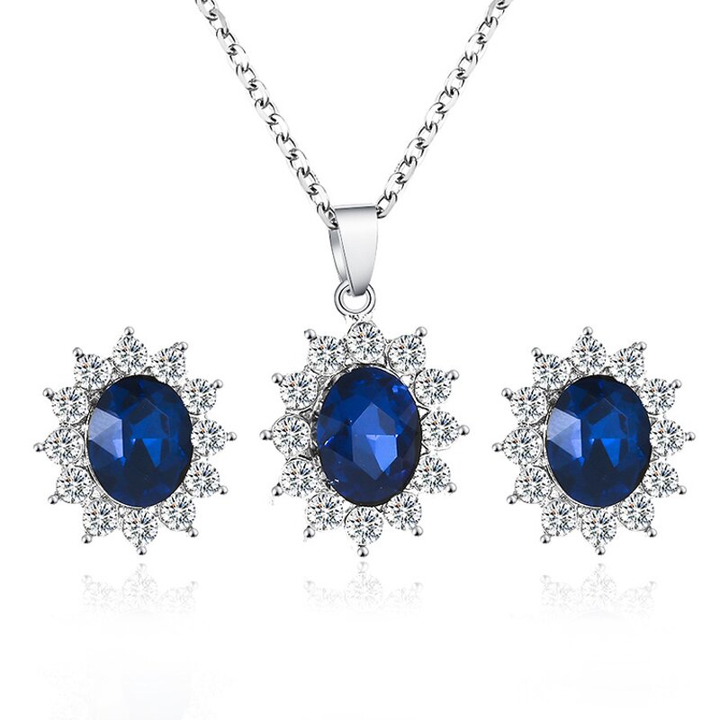 Sunflower Jewelry Set for Ladies - Manufacturer with Silver Plated Shaped & Blue Rhinestone Crystal Zircon