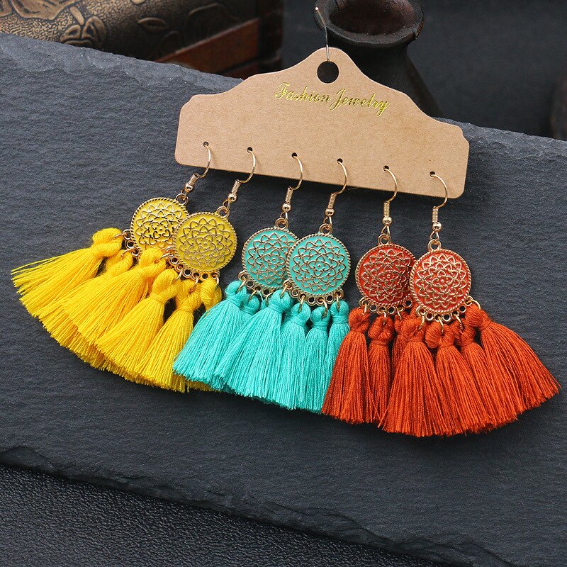Boho Earring Set for Women - Manufacturer with Colorful Cotton Thread Long Tassel