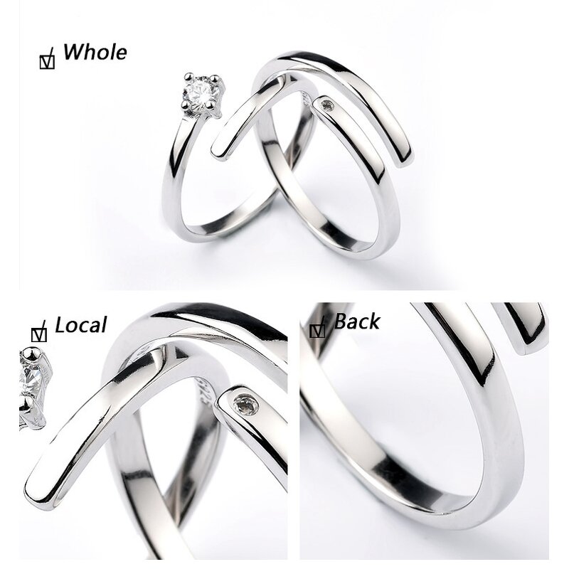 Engagement Wedding Rings Set - Manufacturer with 925 Silver Plated Crystal Zircon & Adjustable for Couples