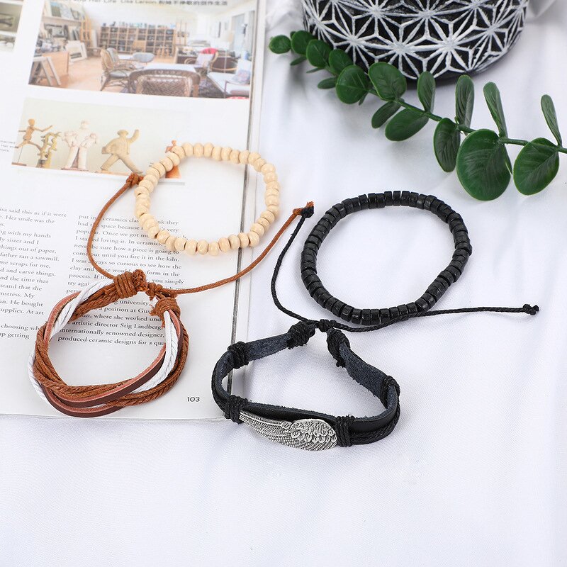 Angel Wing Bracelet Set for Men - Manufacturer with Vintage Adjustable Braided Wax Cord Multilayer Wrap Leather