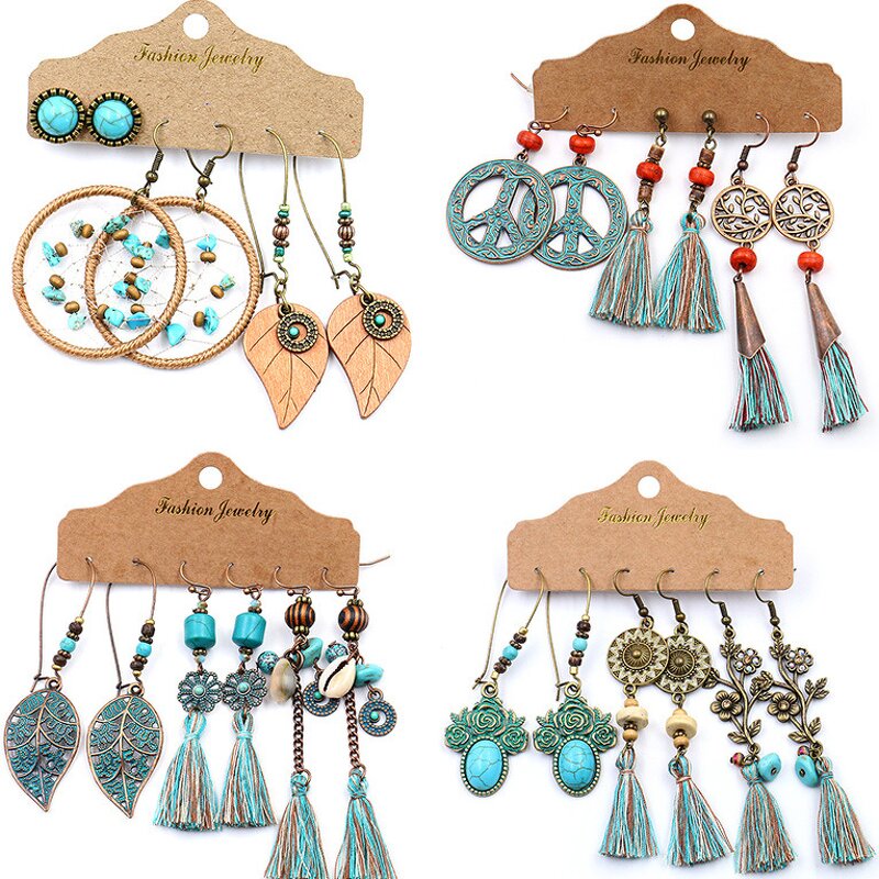 Boho Earring Set for Women - Manufacturer with 3 Pairs/Card Vintage Bohemia Style Antique Gold Bronze Plated Leaf