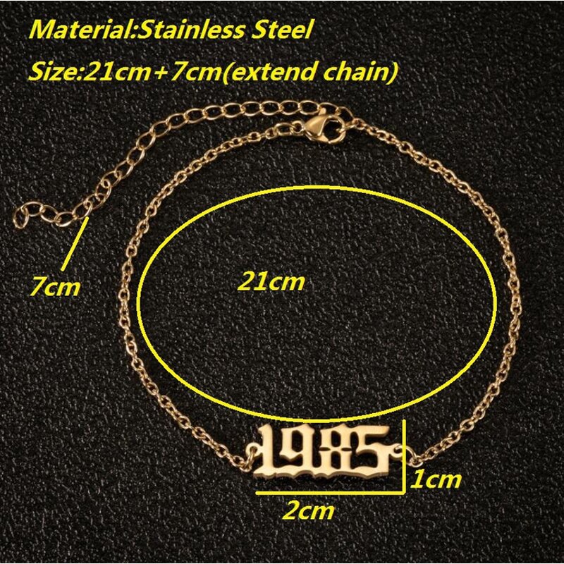Birth Year Number Anklet for Women - Manufacturer with 18K Gold Silver Plated Stainless Steel Old English 1980-2000