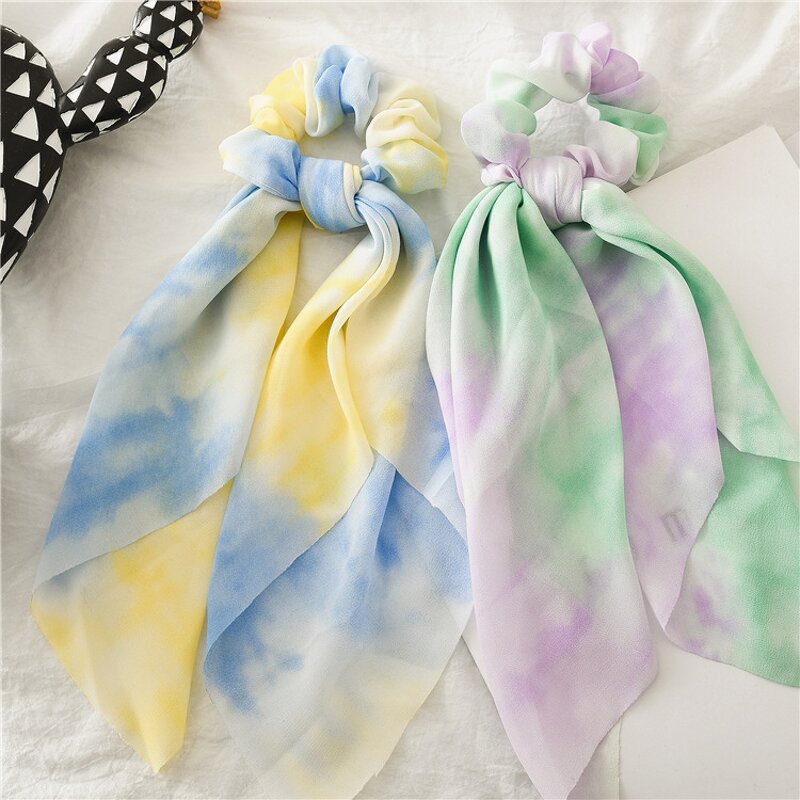 Hair Scrunchies for Women - Manufacturer with Fashion Chiffon Bow Ties Ponytail Holders Bandana Tie Dye