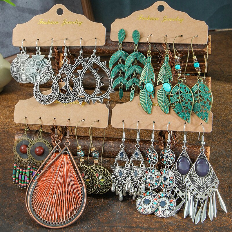 Boho Earring Sets for Women - Manufacturer with Antique Gold Silver Plated Water Drop Leaf Pendant