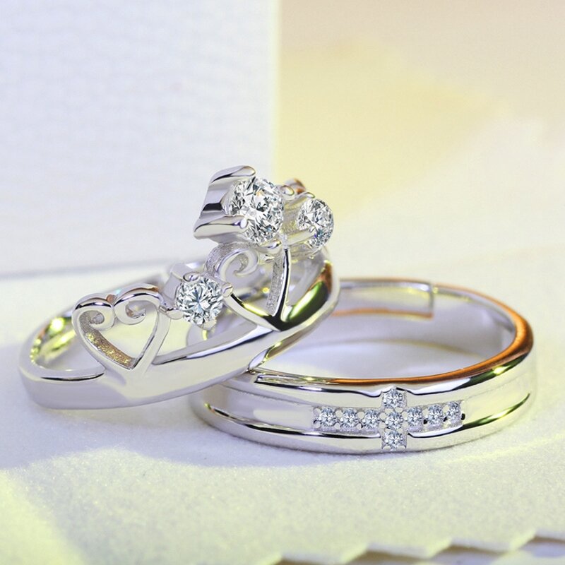 Engagement Wedding Rings - Manufacturer with 925 Silver Plated Zircon Crystal Crown Cross for Couples