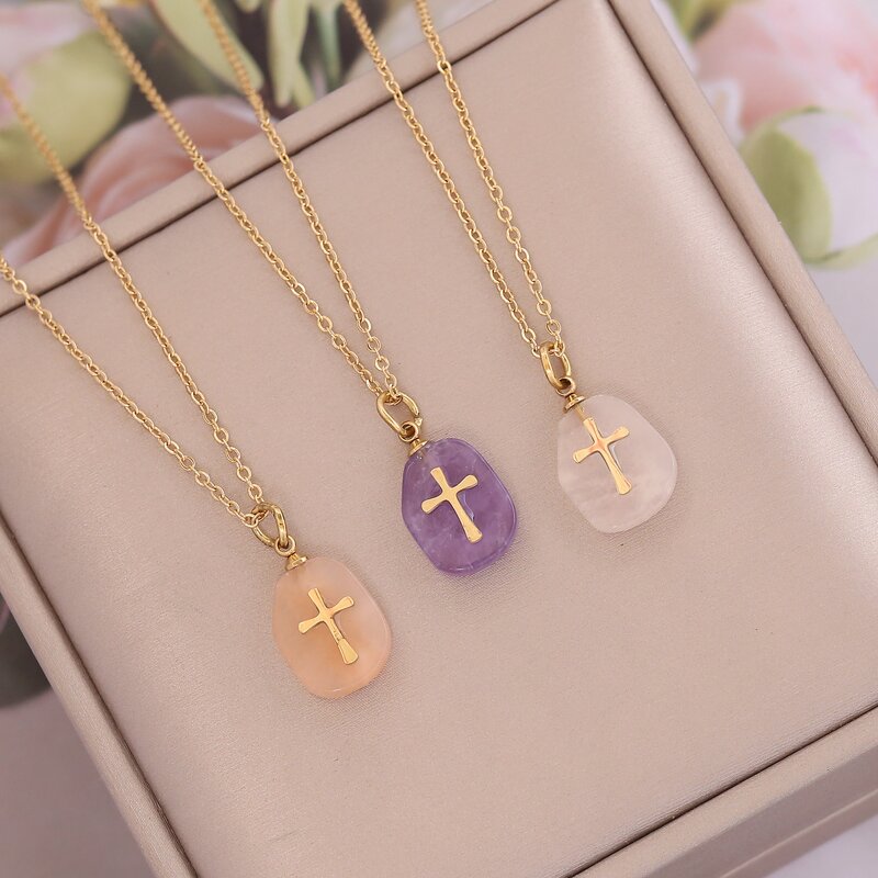 Cross Necklace - Manufacturer with Tarnish Free Real Natural Stone Pendant & 18K Gold Plated for Woman