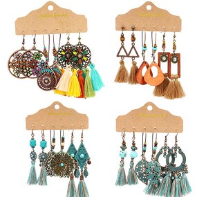 Boho Earring Set for Women - Manufacturer with 3pair/card Ethnic Antique Gold Bronze Plated Leaf Shell Vintage Tassel