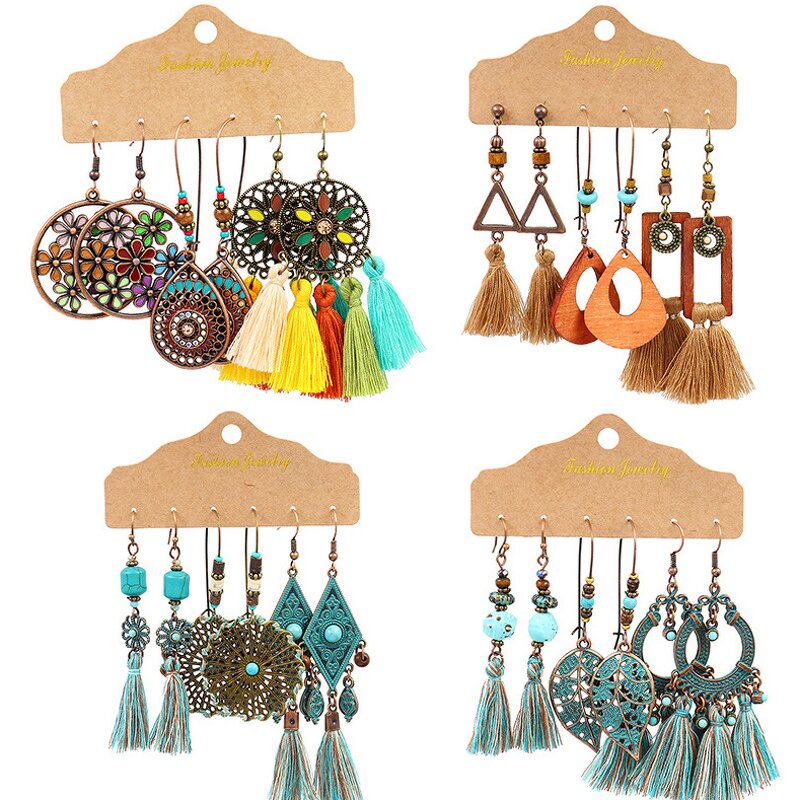 Boho Earring Set for Women - Manufacturer with 3pair/card Ethnic Antique Gold Bronze Plated Leaf Shell Vintage Tassel