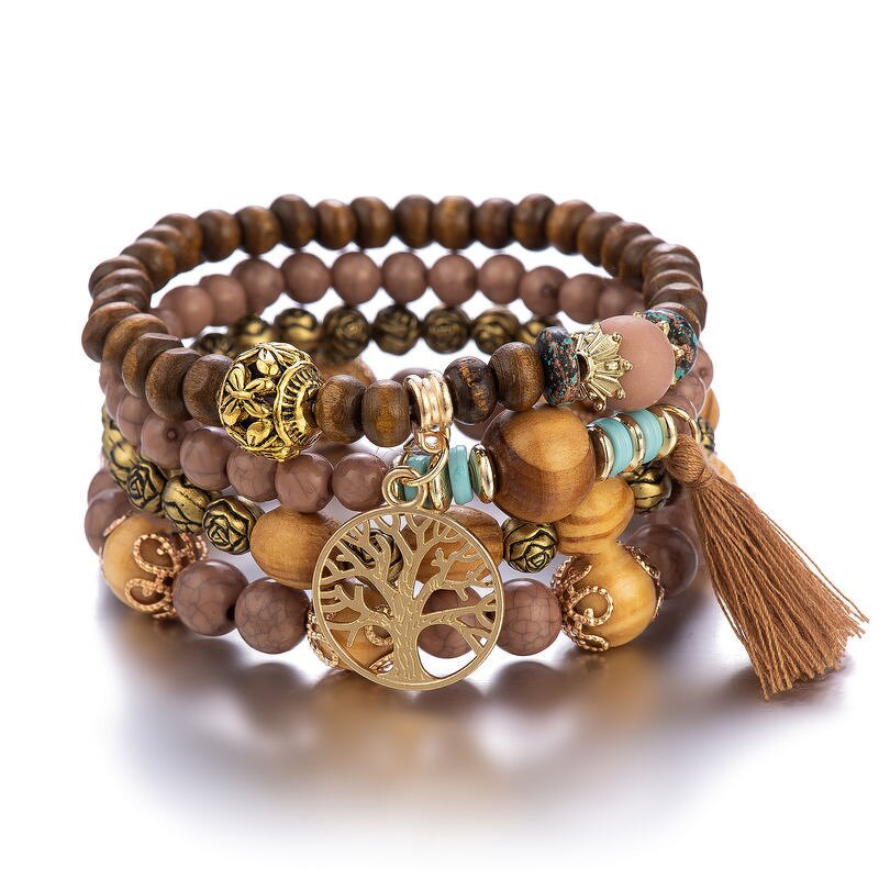 Boho Bracelet Set for Women - Manufacturer with Antique Gold Plated Charm Tree of Life Tassel & Wood Beads