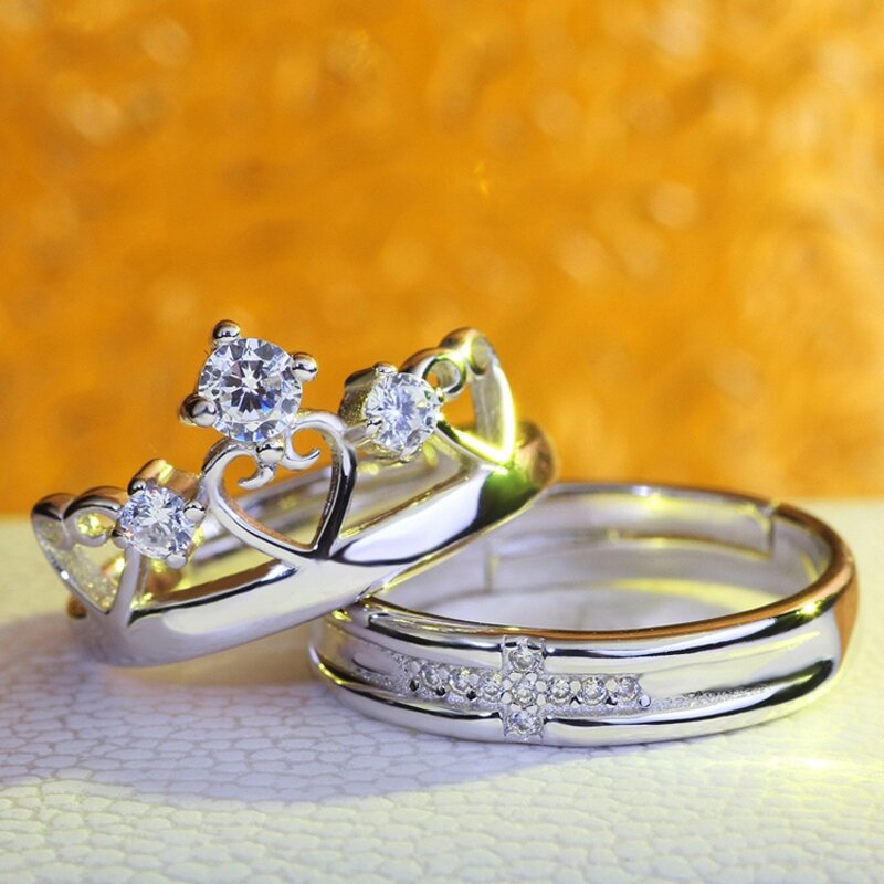 Engagement Wedding Rings - Manufacturer with 925 Silver Plated Zircon Crystal Crown Cross for Couples