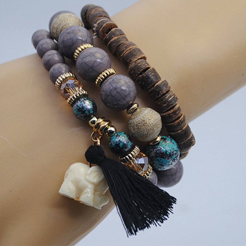 Boho Bracelet Set for Women - Manufacturer with Charm Elephant Tassel Pendant & Coconut Shell Acrylic Beads