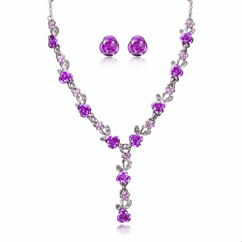 Wedding Bridal Jewelry Sets for Woman - Manufacturer with Elegant Red Blue Purple Enamel Rose Flower Pendant