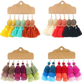 Boho Earring Set for Women - Manufacturer with Colorful Cotton Thread Long Tassel