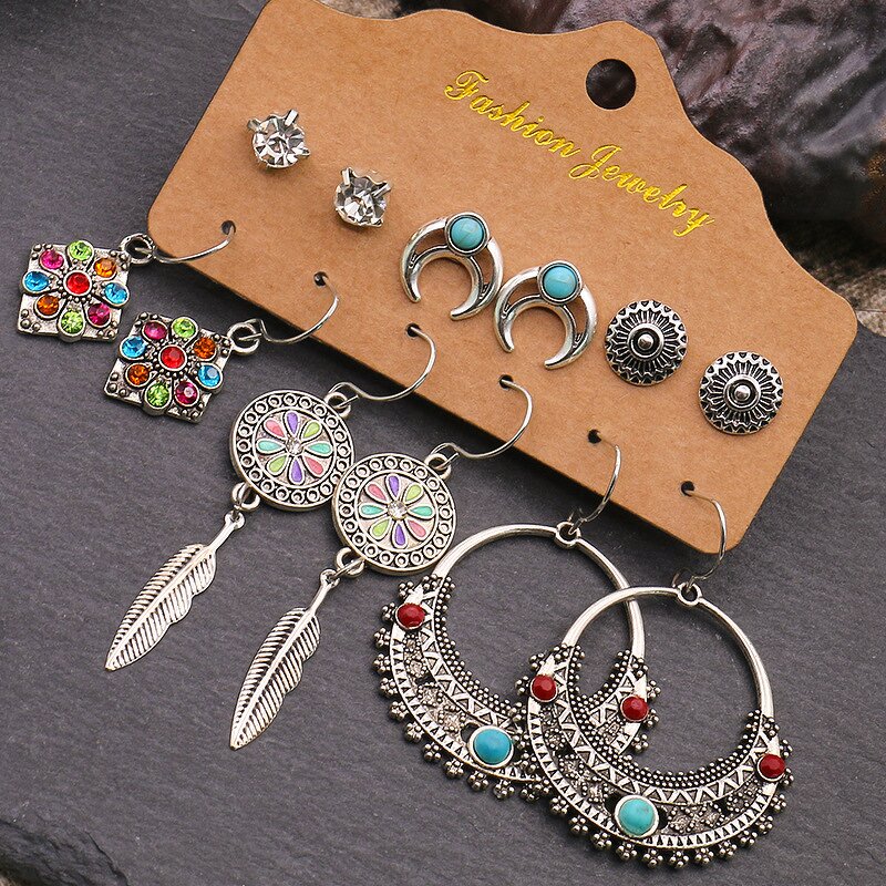 Boho Earring Set for Women Ladies - Manufacturer with 6pair/card Vintage Bohemian Geometric Turquoise Heart Crystal