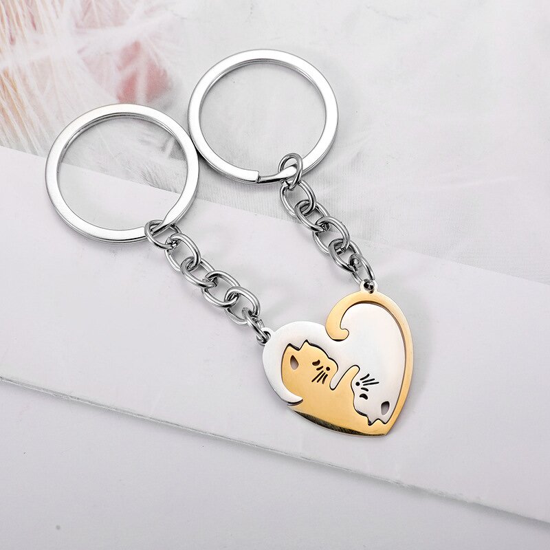 Yin Yang Matching Cat Keychain - Manufacturer with Round Heart Shaped Stainless Steel for Couple