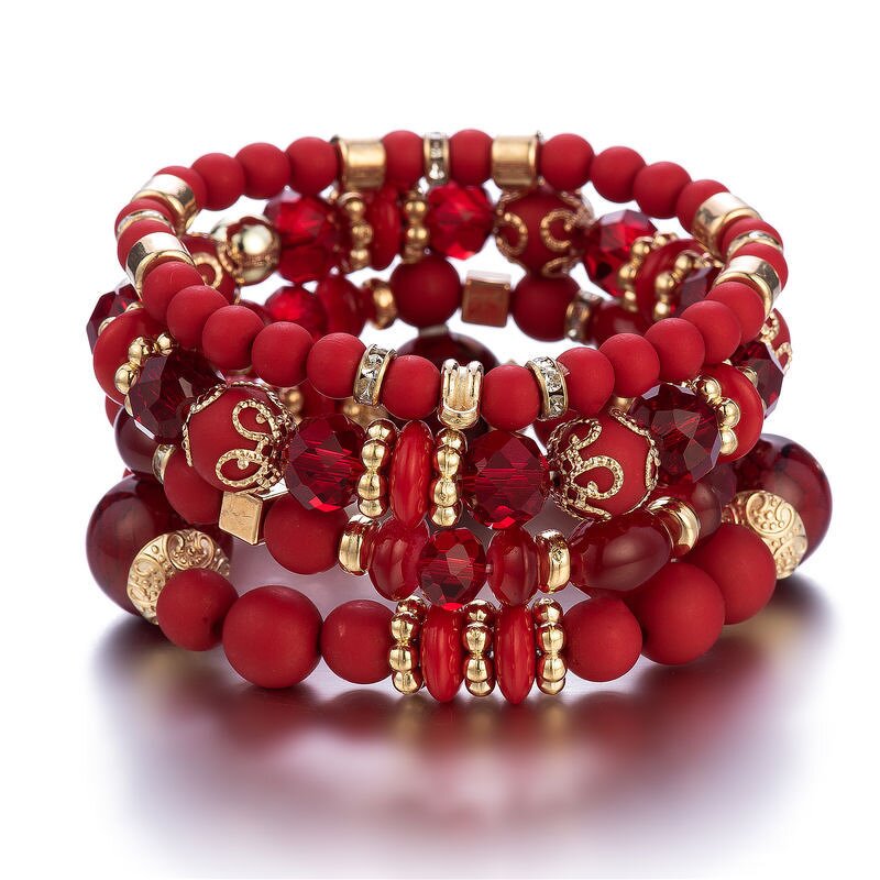Bohemia Bracelet Set for Women - Manufacturer with Antique Gold Plated Heart Pendant & Stretch Multilayer Beads