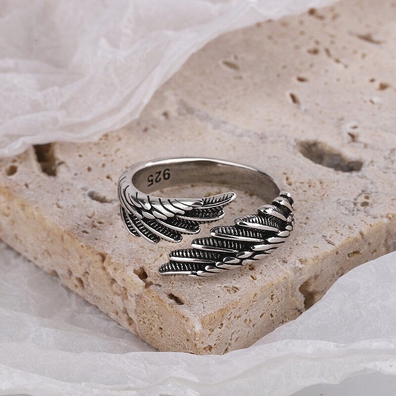 Feather Angel Wing Rings - Manufacturer with Fashion Vintage Antique Silver Plated Adjustable for Women
