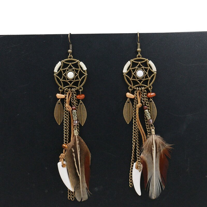 Bohemian Earring for Women - Manufacturer with Vintage Ethnic Charm Leaf Dreamcatcher & Long Chain Feather Tassel