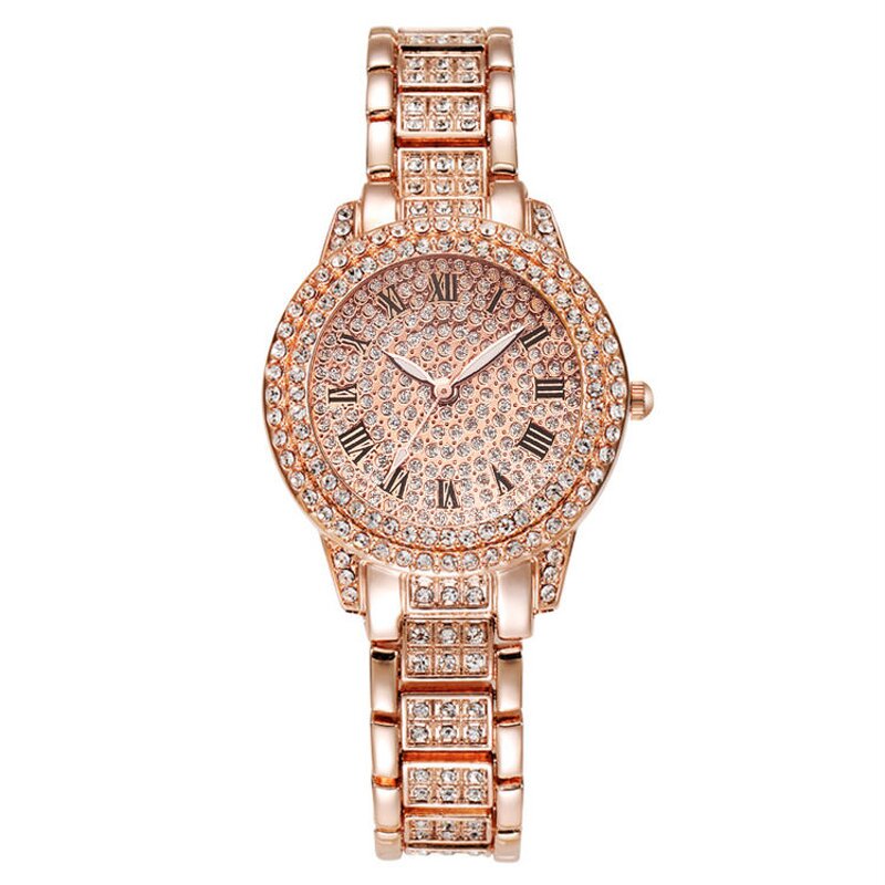 Unisex Crystal Watch Set Manufacturer - Luxury Full Crystal Diamond Bracelet Set Rose Gold Steel Belt Wrist Watch