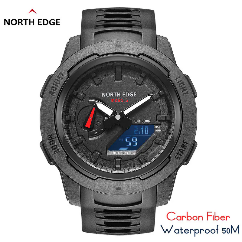 Men's Digital Watch Manufacturer - NORTH EDGE Mars 3 Carbon Fiber Case Waterproof 50M Outdoor Sports World Time LED
