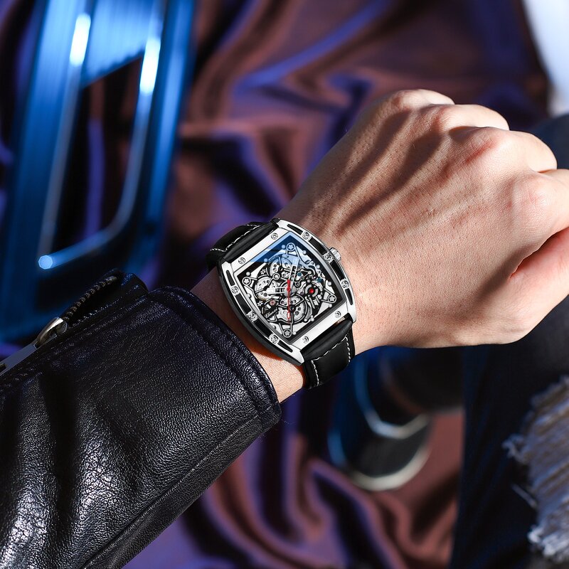 Men's Mechanical Watch Manufacturer - CHENXI 2024 New Trendy Tonneau Shape Leather Band Waterproof Luminous Automatic