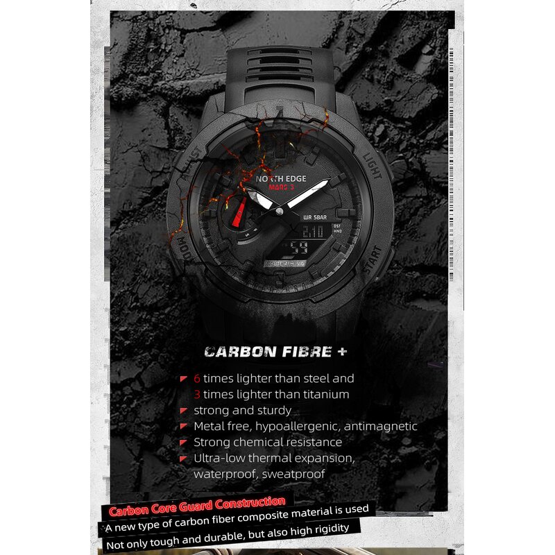 Men's Digital Watch Manufacturer - NORTH EDGE Mars 3 Carbon Fiber Case Waterproof 50M Outdoor Sports World Time LED