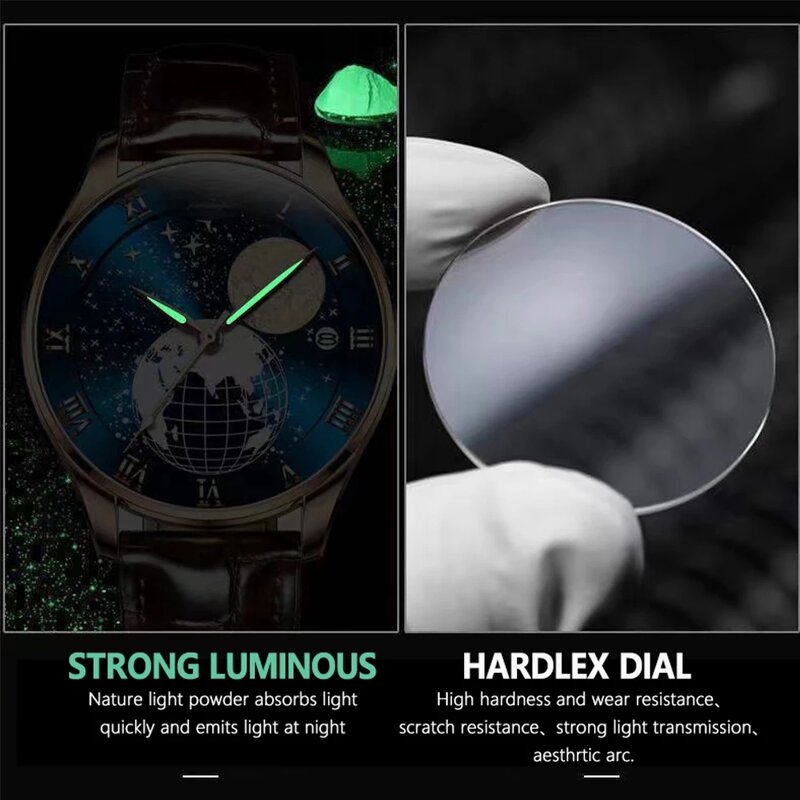 Men's Fashion Watch Manufacturer - POEDAGAR 803 Newest Hot Sale Leather Quartz Trendy Globe Dial Automatic Calendar Waterproof