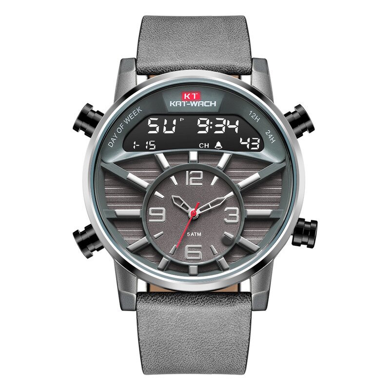 Men's LED Watch Manufacturer - Top Brand with Leather Strap Alarm Chronograph Dual Display Waterproof Electronic