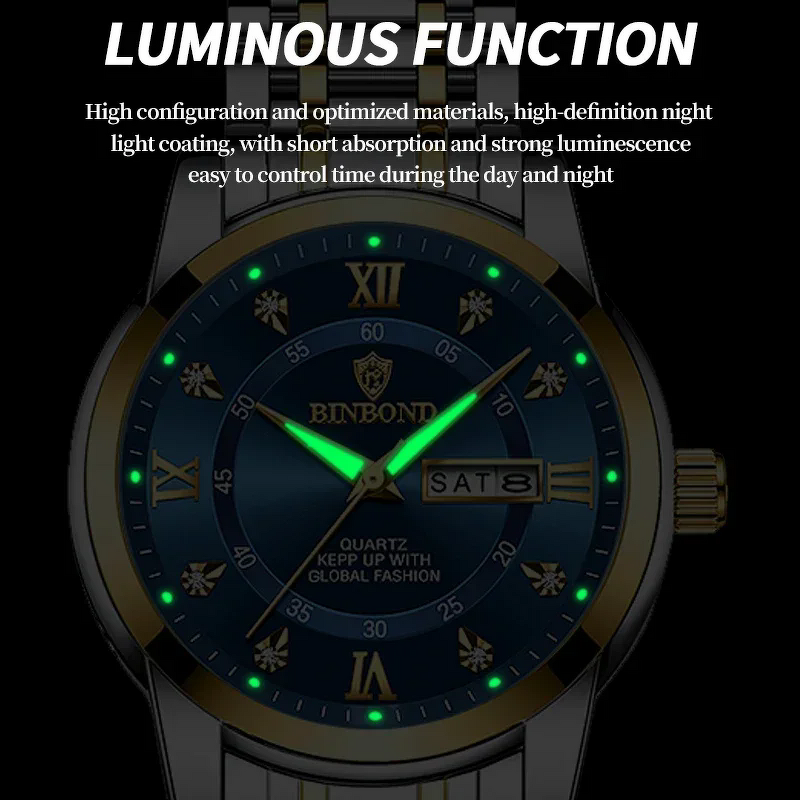 Men's Luxury Watch Manufacturer - BINBOND B7169 Business Fashion Quartz Diamond Clock Automatic Day