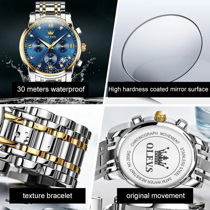 Men's Sports Watch Manufacturer - For OLEVS 2858 Luxury Real Three-Eye Fashion Business Style Quartz Waterproof Stainless Steel