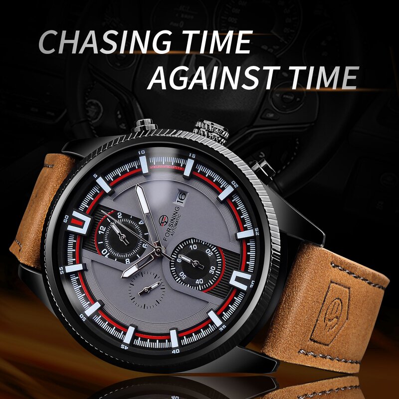 Men's Mechanical Watch Manufacturer - Forsining 382 Brown Genuine Leather Strap Sports Fashion Automatic