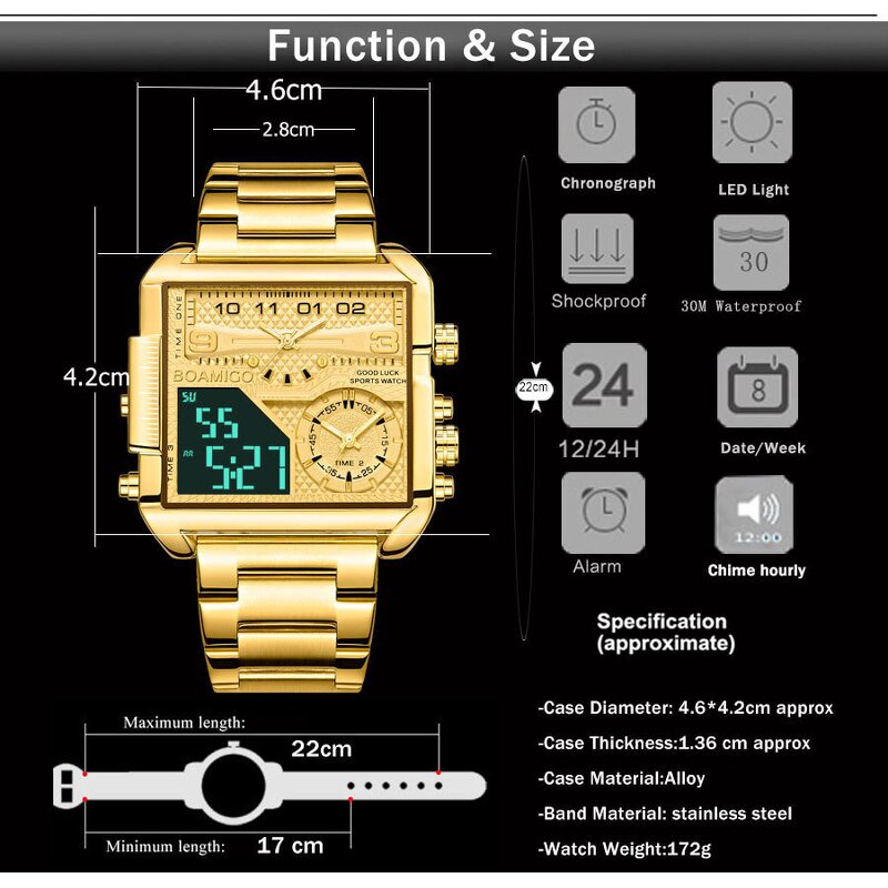 Men's Sport Wristwatch Manufacturer - BOAMIGO 2026 New Big Dial Square Golden LED Dual Display 3 Time Zone Waterproof Digital
