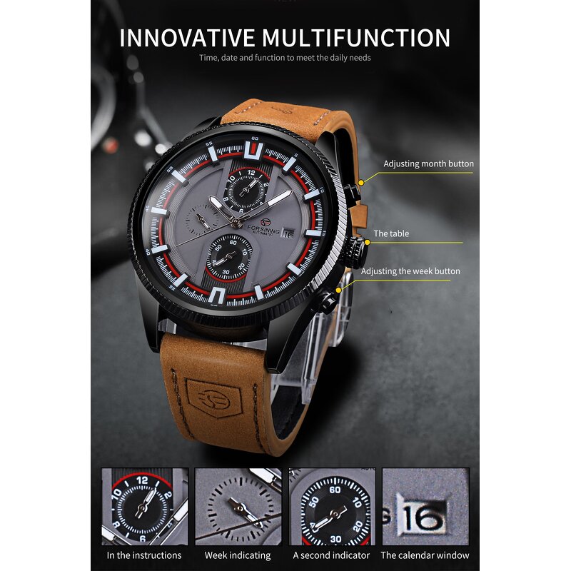 Men's Mechanical Watch Manufacturer - Forsining 382 Brown Genuine Leather Strap Sports Fashion Automatic