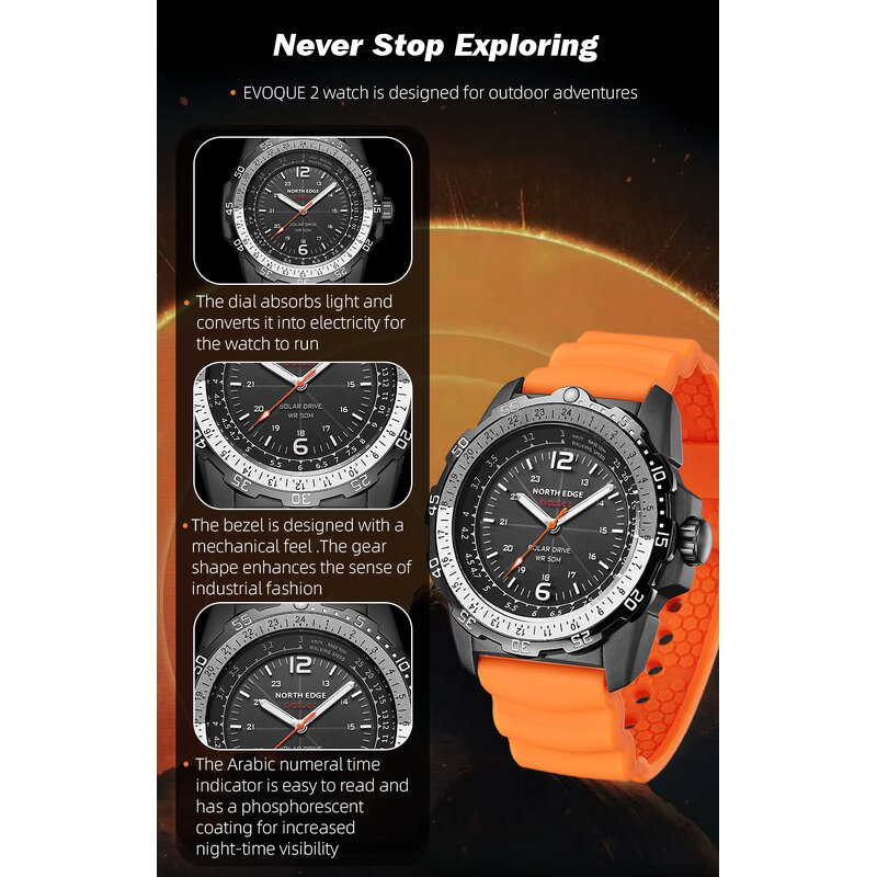 Men's Digital Watch Manufacturer - NORTH EDGE EVOQUE 2 Waterproof 50M Solar Power Luminous Environmentally Clock
