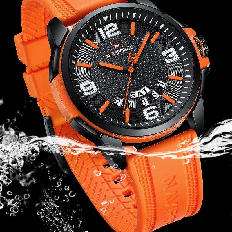 Men's Sport Watch Manufacturer - NAVIFORCE 9215 Orange Quartz Silicone Waterproof Calendar Week Display